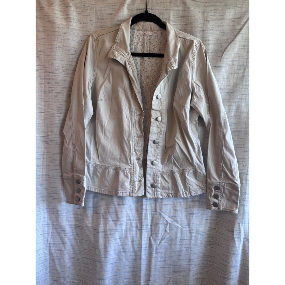 Maurices Cream Beige Lace Back Button Front Jacket Large Floral Detail Light Tan